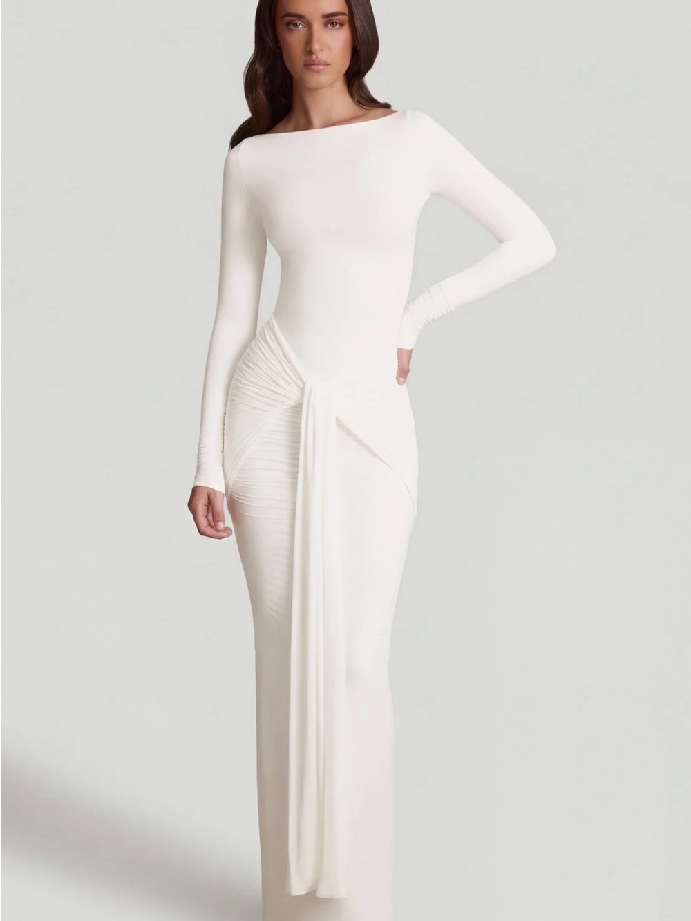 Oh Polly Cream Long Sleeve Draped Ruched Maxi Dress